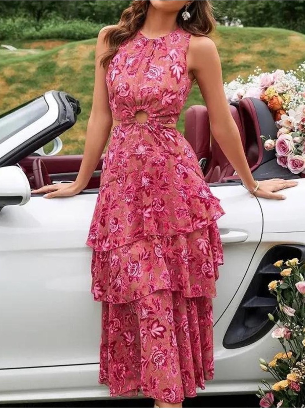 Pink Floral Tiered Cutout Dress